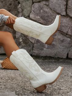 Women's Retro Embroidered Western Cowgirl Boots, Autumn White         Women Shoes, size features are:Bust: ,Length: ,Sleeve Length: Low Heeled Boots, Black Cowgirl Boots, White Cowboy Boots, Cowboy Shoes, Low Heel Boots, Cowboy Boots Women, White Boots, Western Cowboy Boots, Girls Boots