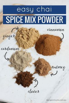 the ingredients for spice mix powder on a cutting board with text overlay that says easy chai spice mix powder