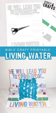 a table with paper and scissors on it, next to a card that says living water