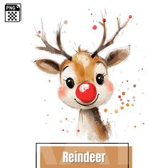 a watercolor painting of a reindeer with a red nose