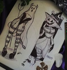 two drawings of people dressed in halloween costumes