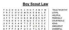 the boy scout law word search is shown in black and white, with red letters