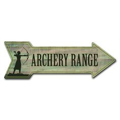 an arrow shaped sign with the words archery range on it's left hand side