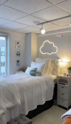 a bedroom with a bed, nightstands and two lights on the ceiling above it