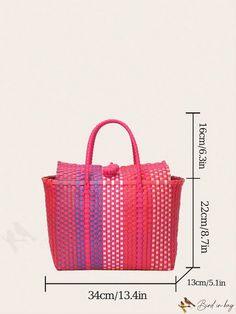 BirdinBag - Stylish PVC Weave Tote Beach Bag for Women - Perfect for Holidays and Clear Bag Requirements Woven Rectangular Satchel For Travel, Rectangular Woven Satchel For Travel, Pink Rectangular Beach Bag For Travel, Pink Square Bucket Bag For Travel, Square Pink Bucket Bag For Travel, Pink Satchel Shoulder Bag For Beach, Pink Satchel Shoulder Bag For The Beach, Pink Bag With Braided Double Handles, Pink Double Handle Bag With Braided Handles