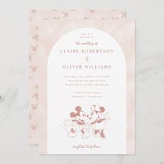 a pink and white wedding card with minnie mouses on the front, in gold foil