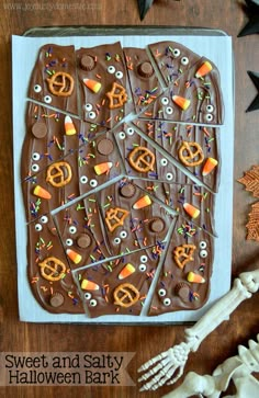 a chocolate halloween bark with candy and candies