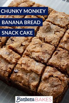 chunk monkey banana bread snack cake on a cooling rack with the words, chunk monkey banana bread snack cake