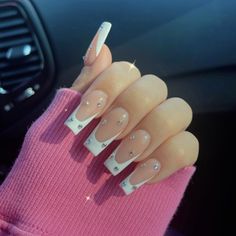 Nail Ideas2023, Graduation Nails Acrylic French Tips, Square Nails Rhinestones, Simple Gel Nails, Simple Acrylic Nails, French Acrylic Nails, Gem Nails