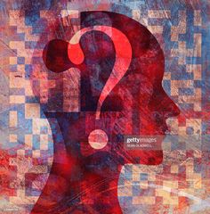 the silhouette of a person's head with a question mark on it in red and blue