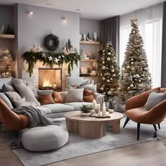 a living room filled with furniture and a christmas tree