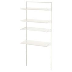 white shelving unit with four shelves on each side and one shelf in the middle