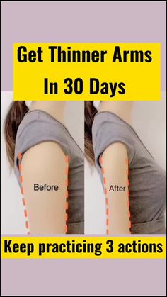 a woman's arm with the words, get thinner arms in 30 days keep practicing 3