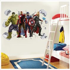 the avengers wall decals are shown in this children's room, and it looks like they have broken apart