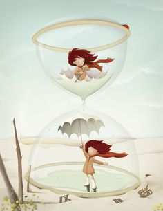 a girl holding an umbrella standing in front of a hourglass with the wind blowing her hair