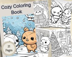 the coloring book is open and ready to be filled with animals, snowflakes, and christmas trees