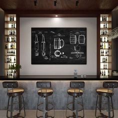 a bar with four stools and a chalkboard on the wall in front of it