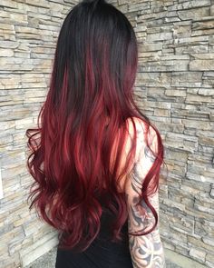 Red Color On Black Hair, Red Hair Bottom Half, Black And Red Hair Ombre, Dark Red Underneath Hair, Brown Hair Red Ends, Black Hair With Red Ends, Blonde Hair Red Underneath, Red Tips Hair, Red Hair Ends