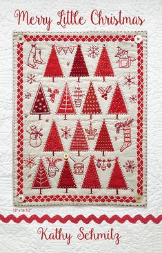 merry little christmas quilt pattern with red and white trees on the front, along with text that reads merry little christmas