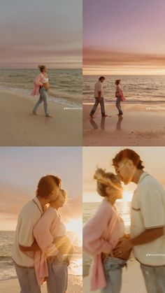 people walking on the beach at sunset or sunrise with one woman kissing another man's forehead