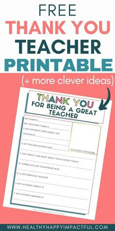 a teacher's printable thank card with the words thank you, teacher and more clever