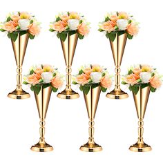 six gold vases with flowers in them