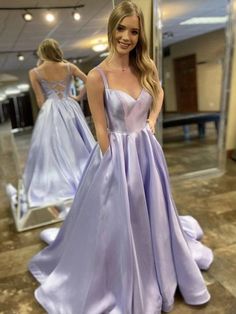 SP1787,Lavender Ball Gown Satin Prom Dresses Long Evening Dress on Storenvy Prom Dress With Pockets, Graduation Dresses Long, Prom Dresses With Pockets, Simple Prom Dress, A Line Prom Dresses, Purple Satin, Satin Prom Dress, Women Formals, Dresses Elegant