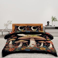 a bed with mushrooms and flowers on it