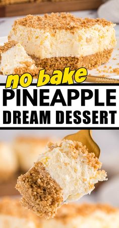 a piece of pineapple dream dessert is being held up by a fork with the rest of the cake in the background