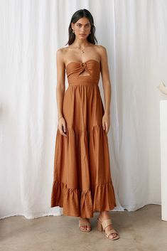 Let's Fly Away Maxi Dress Tan | Fortunate One Streets Of Venice, Floaty Maxi Dress, Bandeau Maxi Dress, Rancher Hat, Knit Maxi Skirt, Fashion Dresses Online, Maxi Dress Sale, Magical Moments, Strapless Maxi Dress