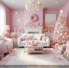 a living room decorated for christmas with pink and white decorations on the walls, couches, coffee table and tree