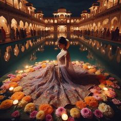 a woman sitting on the ground in front of a pool surrounded by flowers and candles