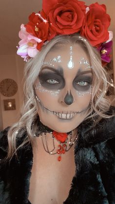 Day Of The Dead- Makeup-Halloween Girls Day Of The Dead Makeup, Dawn Of The Dead Makeup, Dead Bride Makeup For Kids, Dead Bride Makeup Halloween, Dead Halloween Makeup, Day Of The Dead Makeup Simple, Dead Bride Makeup, Easy Day Of The Dead Makeup, Simple Day Of The Dead Makeup