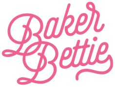 the words baker bettie written in pink on a white background