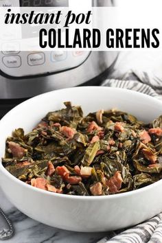 a white bowl filled with collard greens next to an instant pot