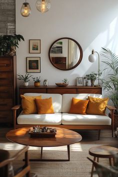 a living room filled with furniture and lots of plants on top of the table in front of it