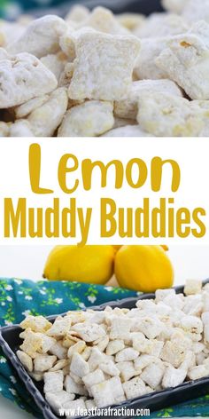 lemon muddy buddies recipe with text overlay