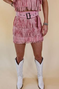 This adorable new skirt is a cowboy killer! It includes a zip up back, crystal fringe all over, shorts underneath, and a crystal belt that is removable. Pair it with boots and a bright color hat and you'll be a knockout! This skort is made of a stretchy material. This skort is made of a stretchy material. Size Suggestions - note these are suggestions only. Measurements are approximate and can vary between garments: Small: 2-4 | Waist: 30 inches Hips: 35 inches Length: 14 inches Medium: 6-8 | Wai Pink Cowgirl Outfit, Fringe Skirt Outfit, Nashville Birthday, Cowgirl Barbie, Cowboy Killer, Cute Cowgirl Boots, Fringe Mini Skirt, Nashville Outfit, Crystal Fringe