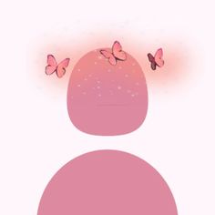 a pink background with butterflies flying over the top of it, and an image of a person's head