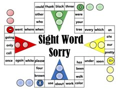 the sight word sorry game is shown with four different colors and numbers on it, including two