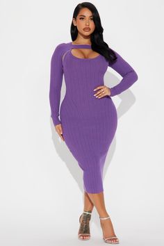 Available In Black, Taupe, Charcoal, And Purple. Sweater Midi Dress Cold Shoulder Long Sleeves Scoop Neckline Cut Out Stretch 43% Viscose 42% Polyester 15% Nylon Imported | Cold Shoulder Sweater Midi Dress in Purple size Medium by Fashion Nova