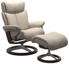 the reclining chair and ottoman is shown in white leather