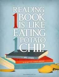 a book is sitting on top of a pile of books with the words reading book is like eating potato chip