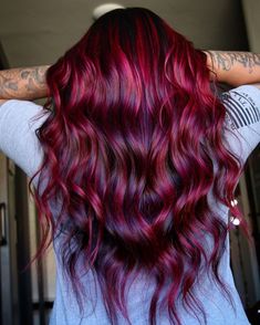 Chery Red Balayage with Purple Lowlights Dark Cherry Red Hair, Red Velvet Hair Color, Cherry Red Hair Color, Dark Red Hair Dye, Crimson Red Hair, Deep Red Hair Color, Dark Cherry Red