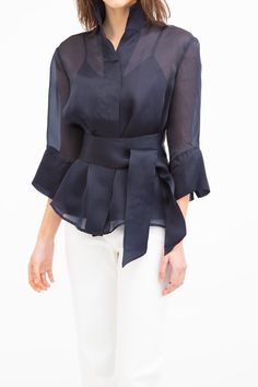 SANDRI BELTED ORGANZA BLOUSE - Jarbo Organza Top Outfit, Organza Tops, Organza Jacket, Organza Shirt, Organza Blouse, Organza Top, Africa Dress, Exaggerated Sleeves, Dinner Dress