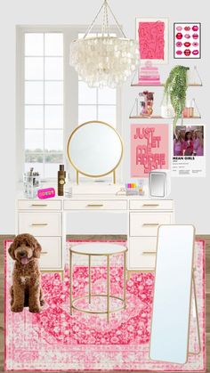 a dog sitting in front of a vanity with a mirror and rug on the floor