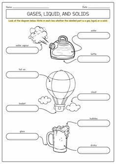 the worksheet for gas, liquid and solids is shown in black and white