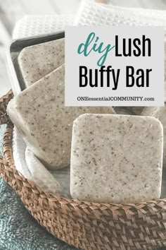 homemade diy lush buttery bar soap in a wicker basket with text overlay