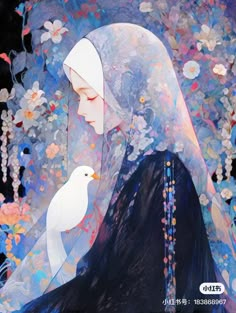 a painting of a woman with a white bird on her shoulder and flowers in the background