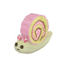 a stuffed animal with a pink and yellow blanket on it's back that is rolled up to look like a snail